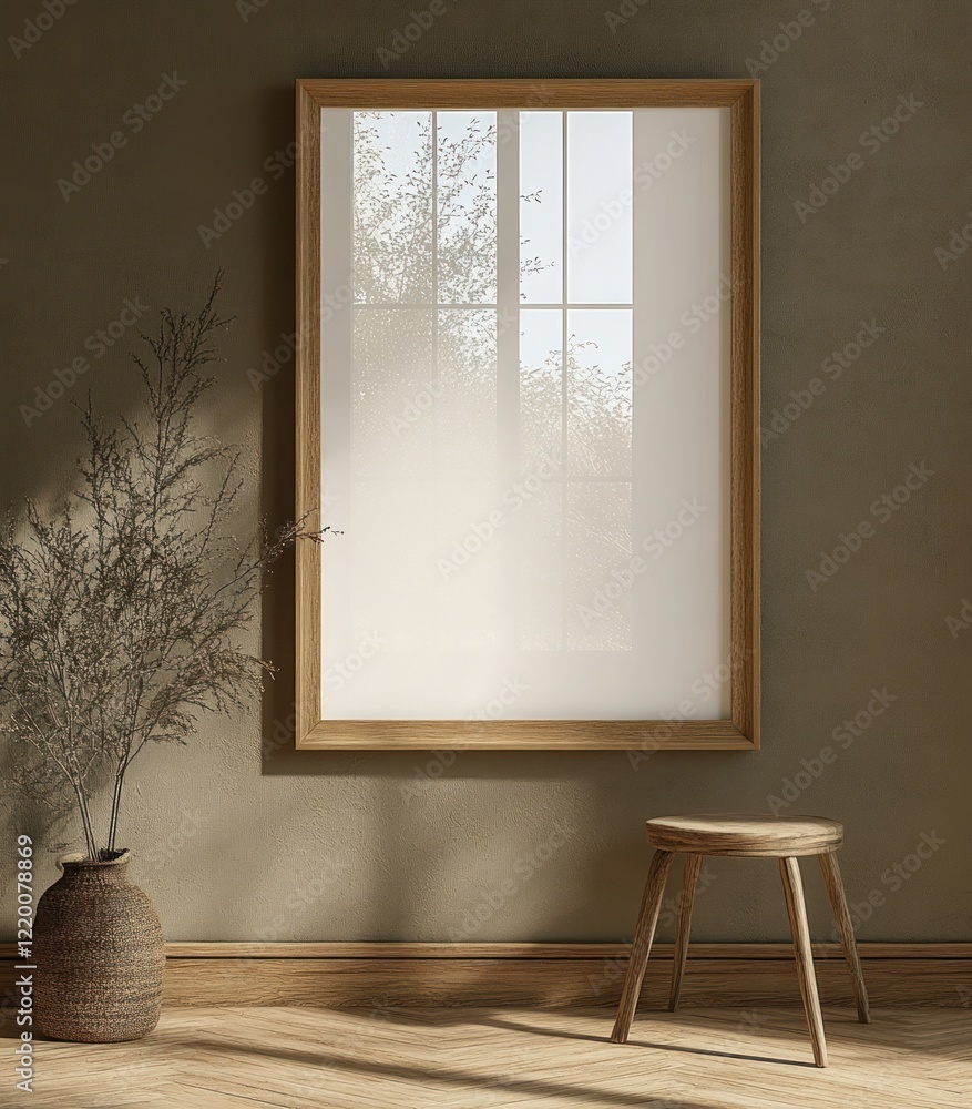 Poster minimalist empty frame mockup on green wall with natural light and soft shadows in modern art style