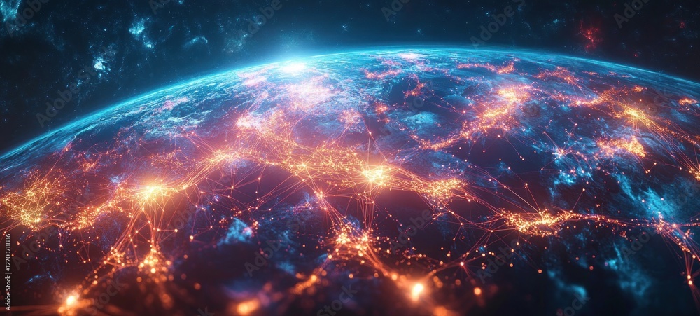 Aufkleber global connectivity network map for future technology cyberpunk earth in space digital art