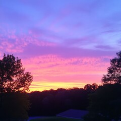 Fototapeta premium Vibrant Sunset Sky Over Silhouetted Trees in Lush Forested Landscape