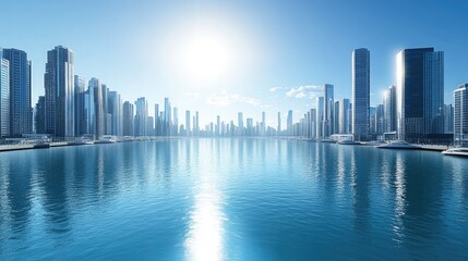 Obraz premium A panoramic city skyline featuring a marina bordered by sleek, reflective skyscrapers under a bright, midday sun. The blue water and cloudless sky emphasize the modern urban architecture.