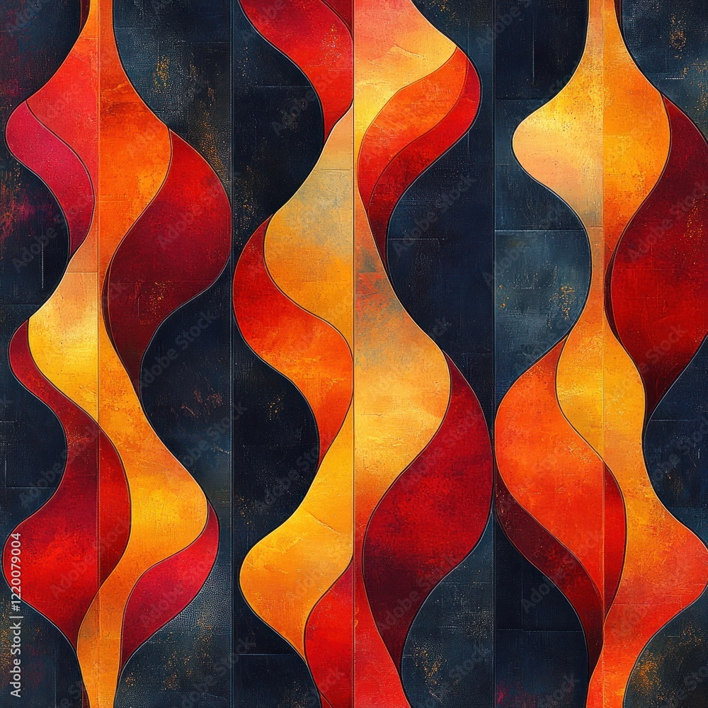 Poster bold geometric abstract pattern design in red and orange with navy background modern art style