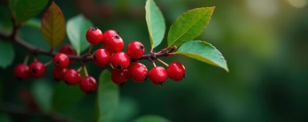 Obraz premium Dark red and green leafy branch with red berries, berries, nature, branch