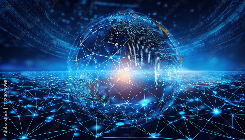 Poster 3d illustration of global network with blockchain themes, showcasing interconnected nodes and digita