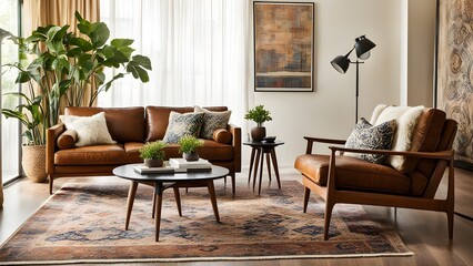 Mid-century modern living room interior with brown leather sofa and armchair, patterned rug, and large potted plant.