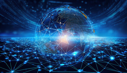 Obraz premium 3D illustration of global network with blockchain themes, showcasing interconnected nodes and digital globe, symbolizing