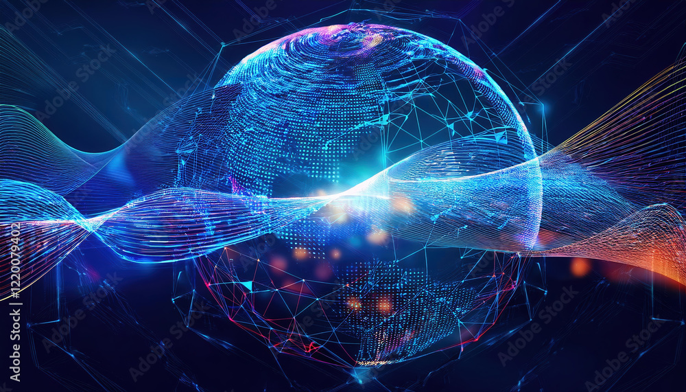 Poster digital globe with data waves and blockchain elements, representing big data