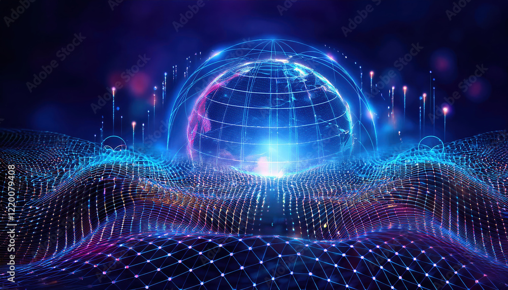 Poster 3d illustration of digital globe with data waves and blockchain elements, representing big data and 
