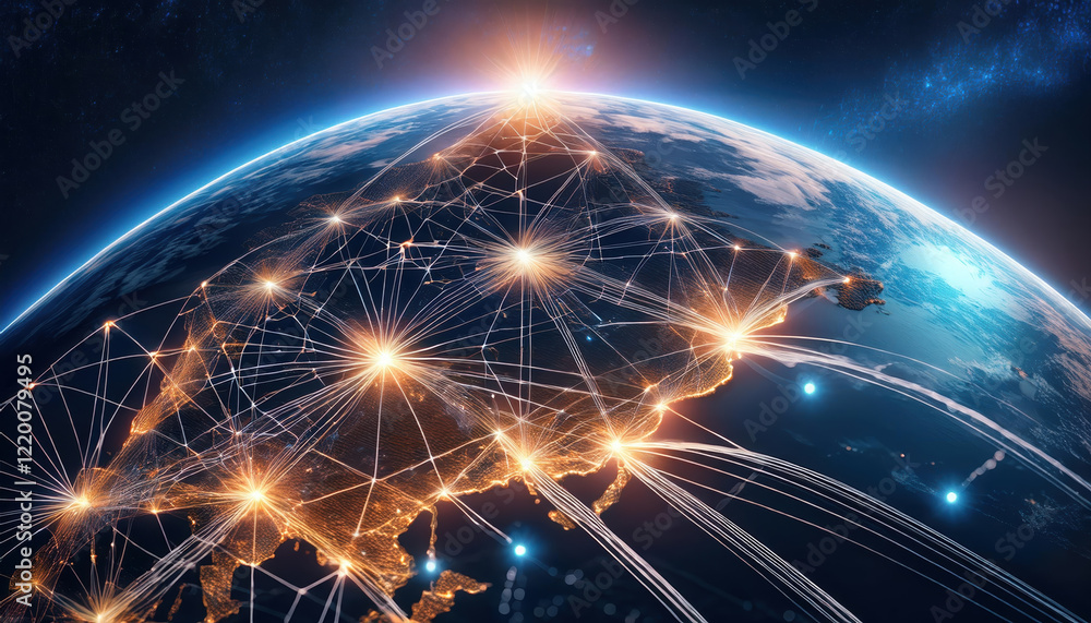 Poster 3d illustration of earth from space with glowing connection lines, showcasing global network and vib