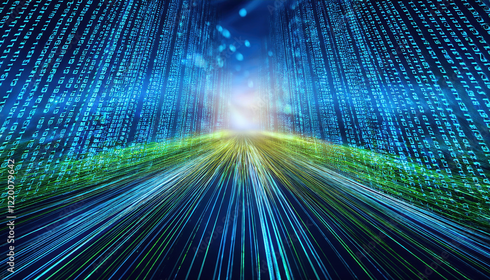 Poster digital binary code matrix background with vibrant light effects