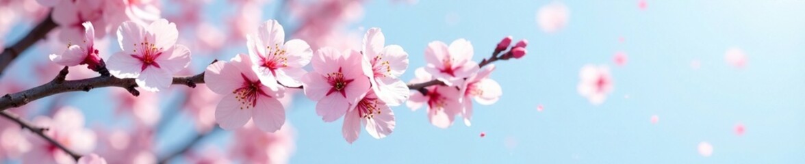 Obraz premium Delicate cherry blossom branches stretch towards the sky, blossoms, spring, petals