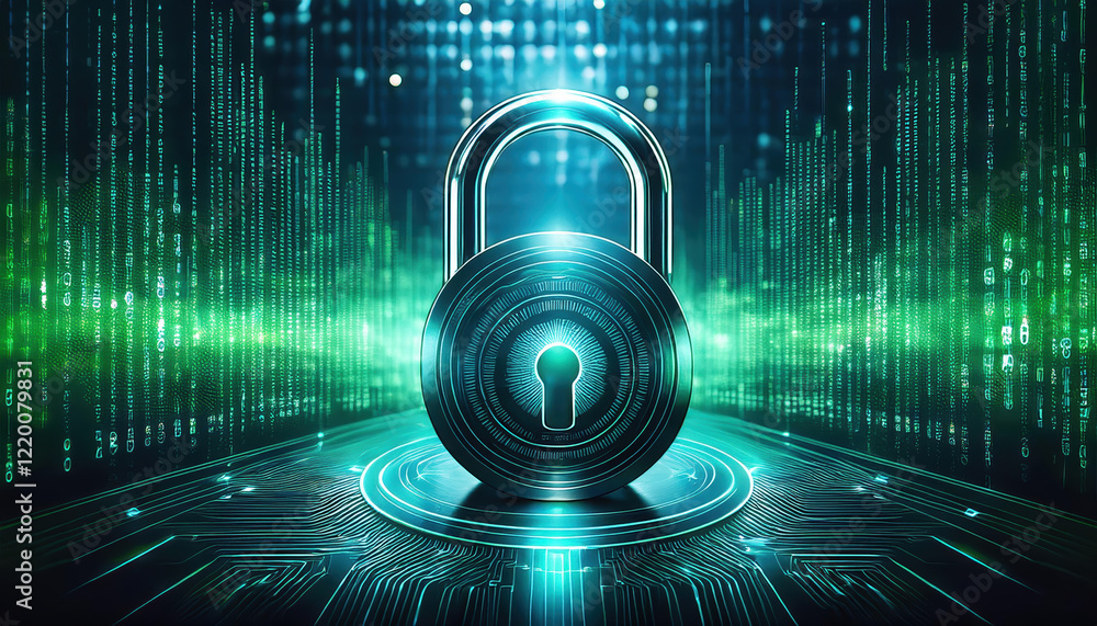 Poster digital screen displaying sleek modern lock symbol glowing softly, surrounded by vibrant data backgr
