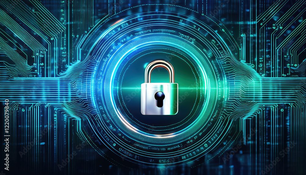 Poster digital screen displaying modern lock symbol glowing softly, representing security and technology