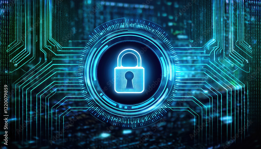 Poster digital screen displaying modern lock symbol glowing softly, surrounded by circuit patterns