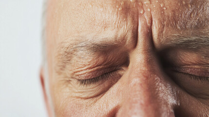 Tired face of elderly man with sweat droplets, showing signs of exhaustion and stress. close up highlights wrinkles and texture of skin, conveying deep emotions