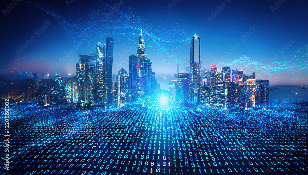 Aufkleber futuristic city skyline with digital elements and binary code overlay