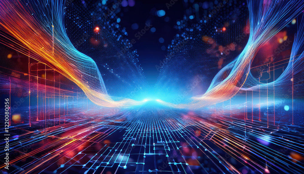 Poster digital neural network illustration with vibrant colors and data flow