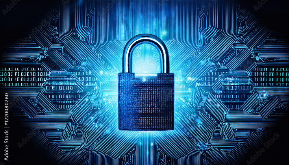 Poster digital padlock on blue circuit background with binary code, symbolizing security and technology