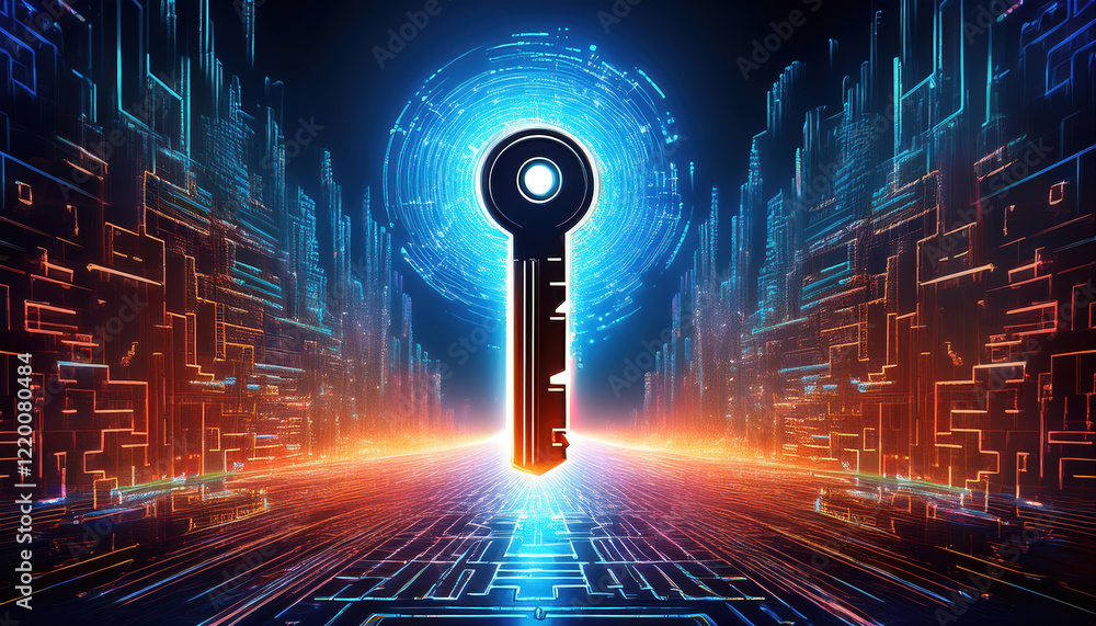 Poster digital key glowing in futuristic backdrop with vibrant colors and intricate patterns