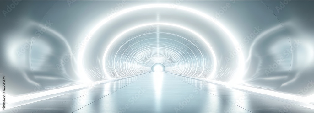 Poster futuristic tunnel minimalist design bright lights 3d render modern space technology