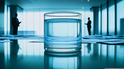 Water Glass in Office: A close-up of a glass of water on a reflective surface in a modern office setting, with the silhouettes of two businessmen in the background.