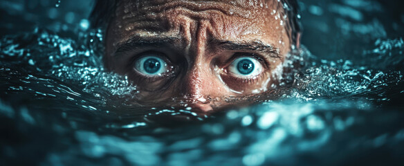 Scared man in cold water, eyes wide open, expressing fear and panic. image captures intensity of moment, highlighting struggle and vulnerability in chilling environment