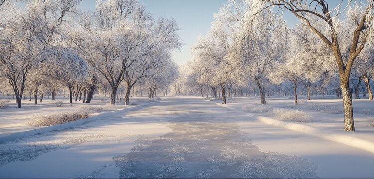 A peaceful, frost-covered park with snow-laden trees and icy pathways, where every surface glistens with a layer of white frost.  