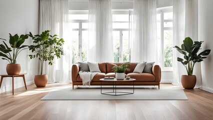 Stylish living room interior with a brown leather sofa, large potted plants, and sheer curtains, showcasing a bright and airy ambiance.