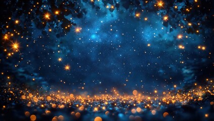 Naklejka premium Christmas Tree Lights and Stars on a Blue Background for Holiday Greeting Cards