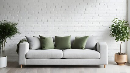 Modern light grey sofa with olive green pillows against a white brick wall, flanked by potted plants.