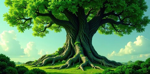 Naklejka premium Lush green foliage envelops a massive tree with twisted abstract roots, botanical, nature, greenery