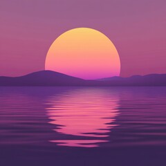 Captivating Sunset Over Serene Coastal Landscape With Silhouetted Hills