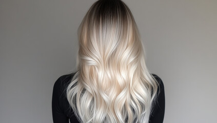 Naklejka premium Long blonde hair with ombre effect, showcasing beautiful waves and smooth texture. hairstyle exudes elegance and style, perfect for various occasions