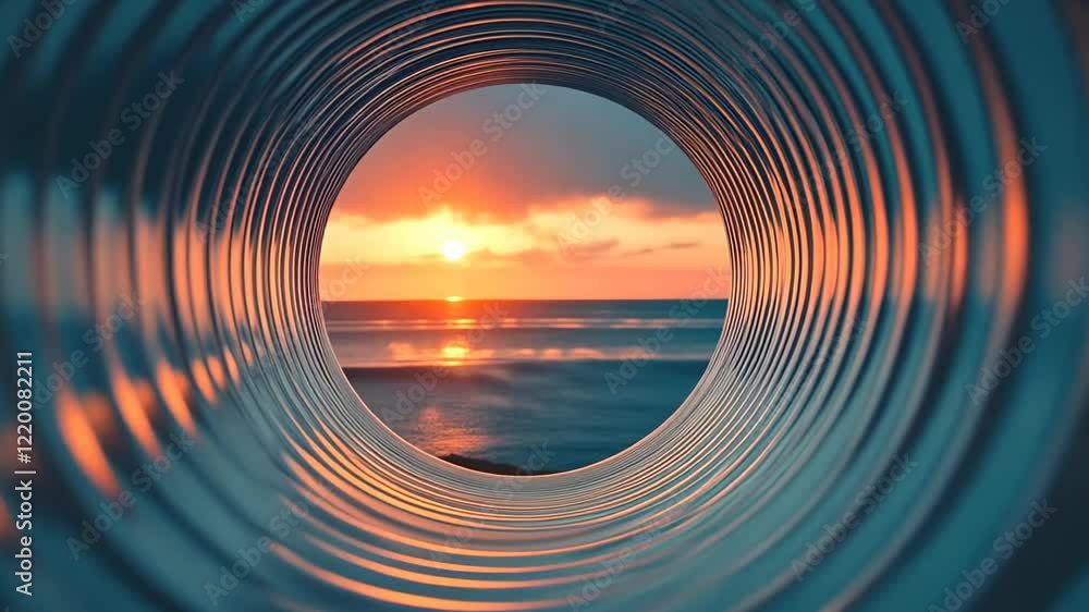 Poster mesmerizing sunset view through a metallic tunnel by the ocean's edge creates an enchanting atmosphe