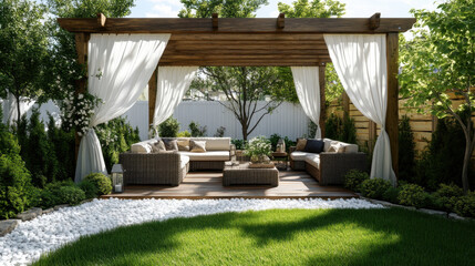 Cozy wooden pergola with white drapes and wicker furniture in lush garden. Perfect for relaxation and outdoor gatherings, surrounded by greenery and decorative stones