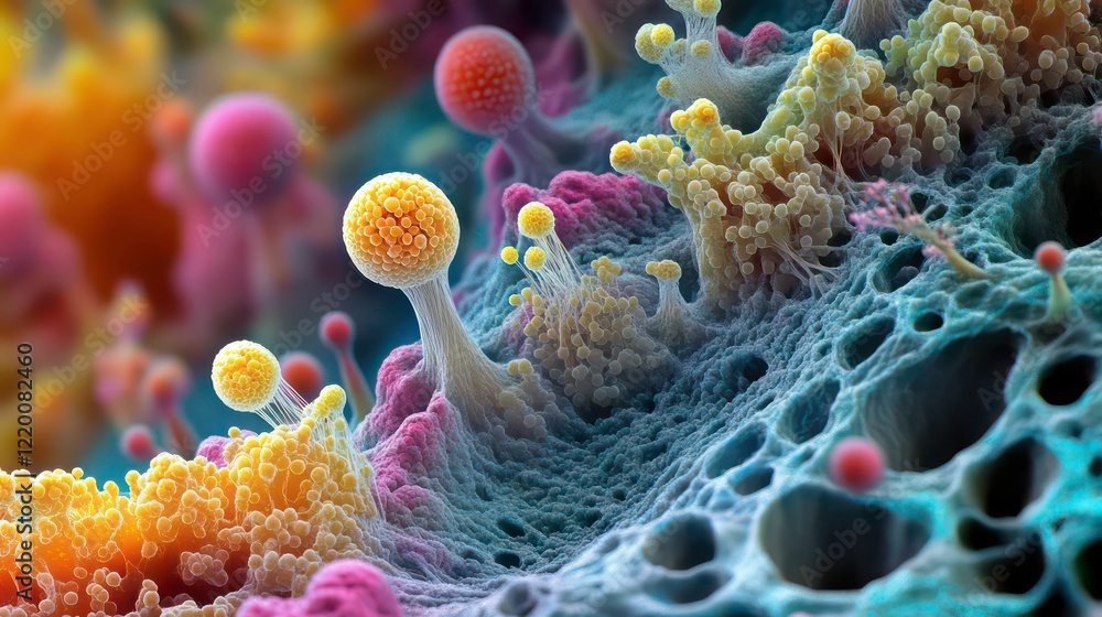 Poster microscopic view of colorful, vibrant cells with intricate structures and textures.