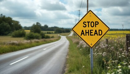 Stop Ahead Sign on Country Road Warning