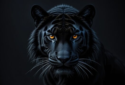 A close-up image depicts a black tiger with glowing eyes staring intently at the viewer, its dark fur contrasting against the black background.