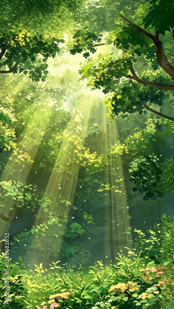 Poster sunlight filters through lush trees in a serene forest setting during the early morning hours