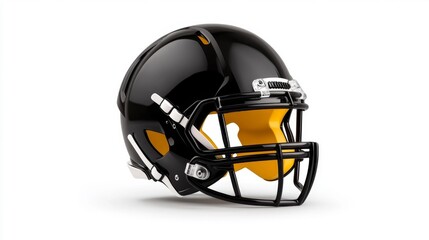 Fototapeta premium Black and yellow football helmet side view isolated on white background. Generative AI