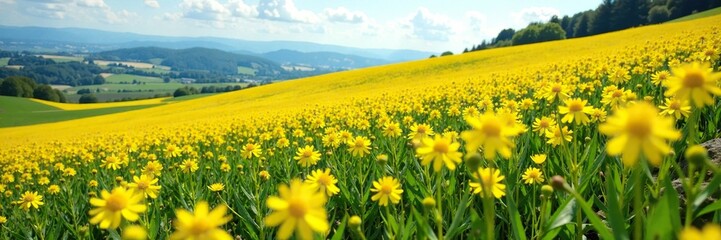 Obraz premium A blanket of blooming rapeseed plants covering a rolling hillside, flowers, nature
