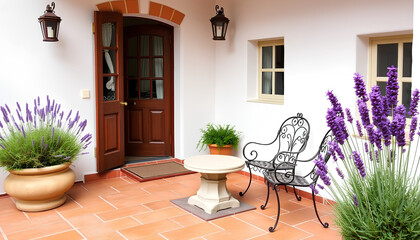 Fototapeta premium Cozy house interior with flowers, wooden furniture, and a dining area by the window