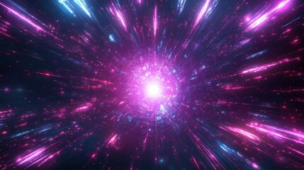 Cosmic Burst of Neon Light Energy with Pink and Blue Rays in Abstract Space
