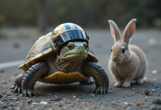 A tortoise wearing a small motorcycle helmet stands next to a brown rabbit on a gray surface.