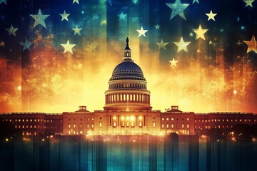 The United States Capitol Hill Illuminated at Sunset with Stars Overhead, Representing Unity and Patriotism to "Make America Great Again