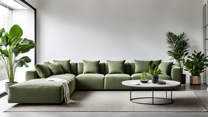 Modern living room interior with a large olive-green sectional sofa, round coffee table, and lush potted plants.