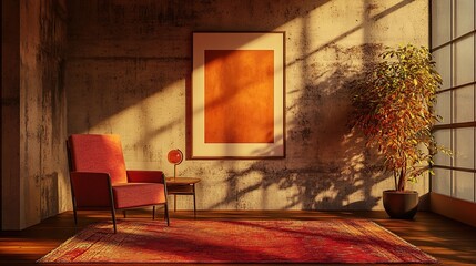 Bright and airy Scandinavian living room, mockup frame with soft shadows, clean modern furniture