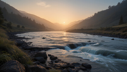 Sunset and sunrise over the mountains with ocean waves and a coastal landscape