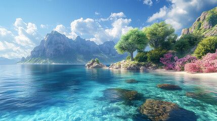 Obraz premium Serene Seascape With Lush Island And Crystal Clear Water