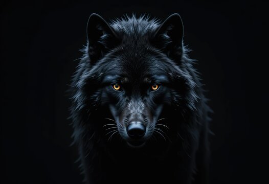A close-up portrait of a black wolf with intensely glowing eyes against a dark background, showcasing its power and mystique.
