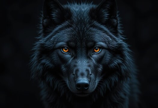 A close-up portrait of a black wolf, its intense orange eyes glowing in the darkness.